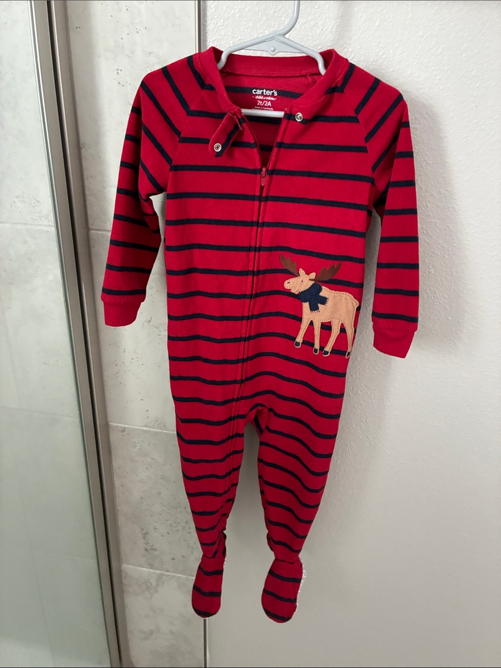 Carter's Red and Navy Striped Moose Footed One-Piece